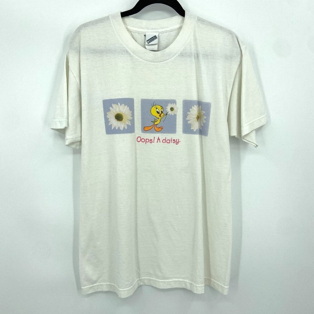 WARNER BROS Vintage 1999 White Oops A Daisy Tweety Looney Tunes T-Shirt Large